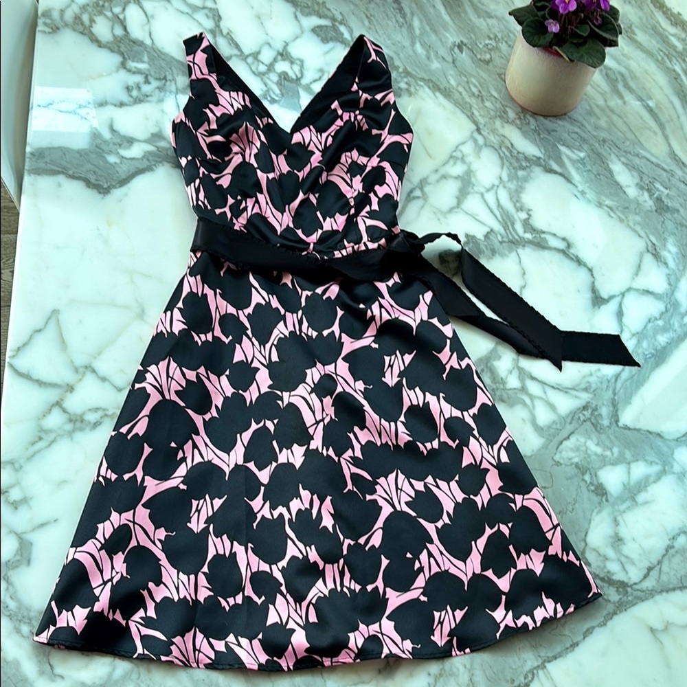 Elegant Black and Pink Floral satin Dress